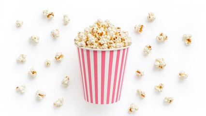 A cup of popcorn in a pink-striped container with scattered popcorn around it.
