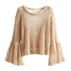 Obraz premium Light beige open-knit sweater with a semi-sheer finish and bell sleeves isolated on transparent background, Clipart png