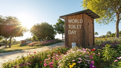 Bright Village Restroom Under Blue Sky Promoting Clean Sanitation Awareness.