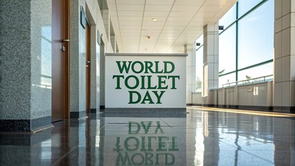 World Toilet Day, Restroom Corridor with Glossy Floors and Clean Sanitary Reflection.