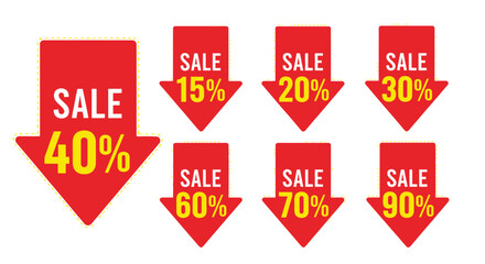 Red sale banners displaying various discount percentages for promotional offers