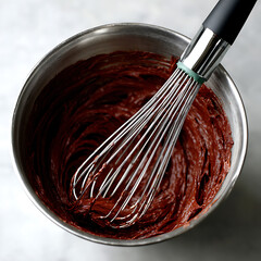 Chocolate Batter with Whisk in Mixing Bowl