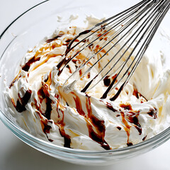 Whipped Cream with Chocolate Drizzle in Mixing Bowl