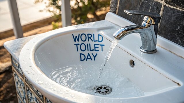 World Toilet Day, Close Up of Water Flowing from Modern Faucet into Toilet Bowl.