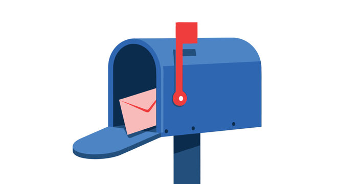 A bright blue mailbox with a partially opened envelope inside
