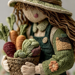 Textile Art of Gardener Holding Fresh Vegetables