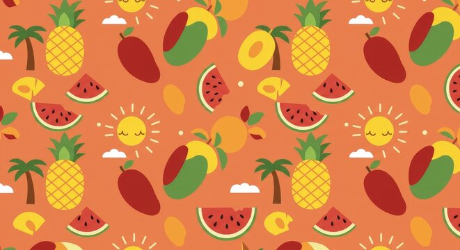 Vibrant Tropical Fruit Pattern with Cute Sun and Clouds