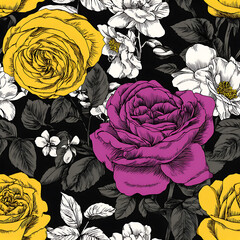 Seamless Floral Pattern with Yellow, Magenta, and White Roses