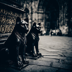 Ancient Cat Statues in Gothic Setting