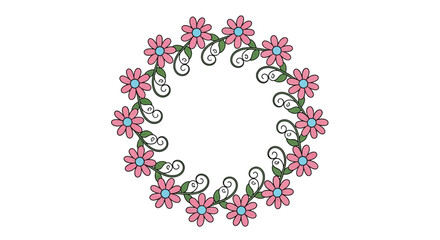 A delicate floral wreath composed of pink and teal daisy like flowers