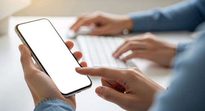 Person Using Smartphone and Typing on Keyboard - Powered by Adobe
