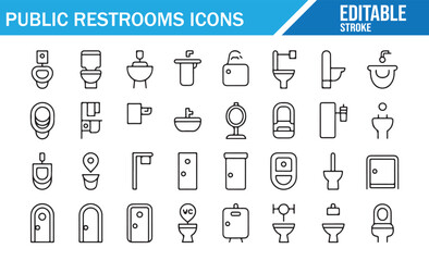 Public Restrooms Line Icons Collection Showing Toilets, Sinks, Urinals, Bathroom Doors, WC Signs, Hygiene Fixtures, and Sanitary Facilities in Clean Editable Outline Stroke Style