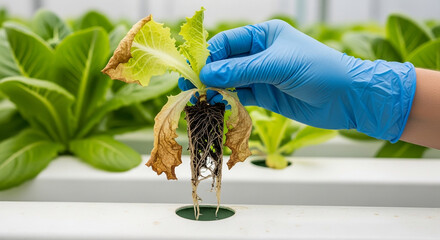 Gloved hand examines a wilting lettuce plant from a hydroponic system, revealing root disease and highlighting agricultural challenges in controlled farming environments