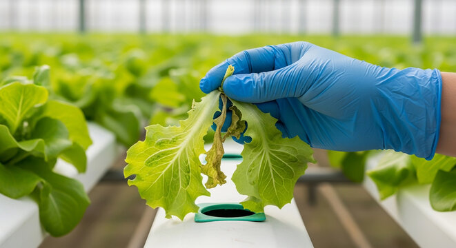 Agricultural researcher examining a lettuce plant for signs of disease during a quality control check in a hydroponic greenhouse