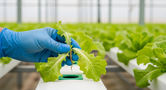 Close-up of a worker's hand in a blue glove inspecting a fresh lettuce plant growing in a modern hydroponic greenhouse system