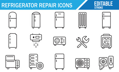 Cooling Unit and Fridge Maintenance Icons in Clean Line Art Style