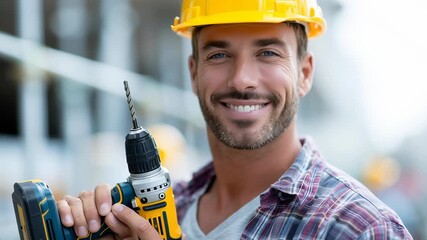 A man is smiling and holding a power drill. He is wearing a yellow hard hat. Concept of confidence and professionalism