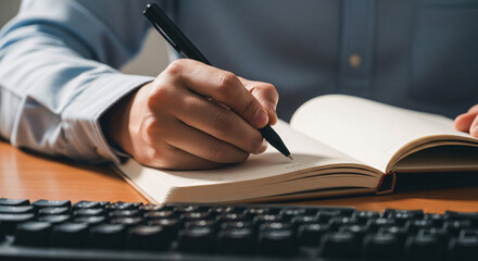 Person Writing in a Notebook at a Desk