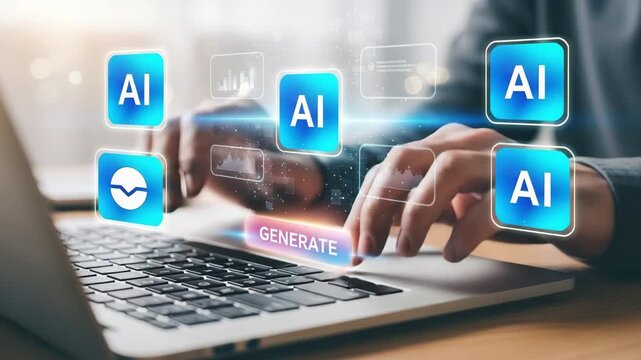 Person using laptop with ai icons and generate button glowing motion animated video