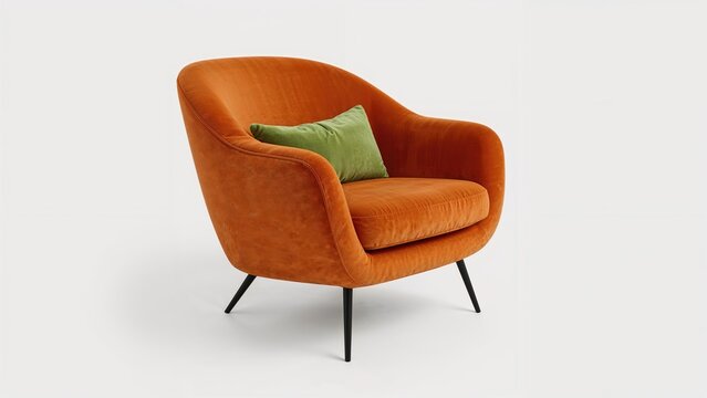 A cozy orange armchair with a green cushion on a plain white background.