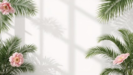 Image with tropical palm leaves and pink flowers on a bright background. Nature and floral concept. Relaxing and tropical vibe.