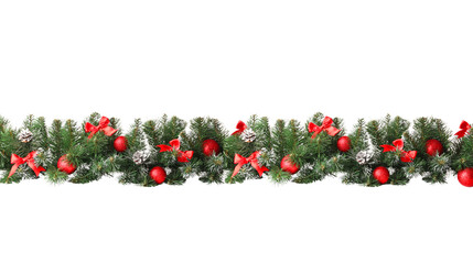 Festive evergreen garland with vibrant purple ornaments and shimmering gold ribbons creates a...