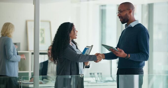 Corporate, people and meeting with handshake in office for welcome, introduction and recruitment. Employees, interview and shaking hands for agreement, thank you and congratulations of b2b onboarding