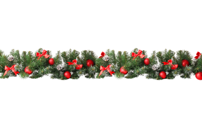 Festive evergreen garland with vibrant purple ornaments and shimmering gold ribbons creates a joyful holiday accent for your designs.