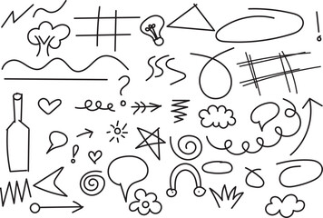 Collection of HandDrawn Doodle Elements, Lines, Arrows, Shapes, Symbols, and Objects on White