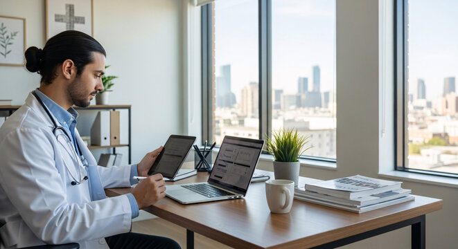Doctor working on tablet and laptop in modern office
