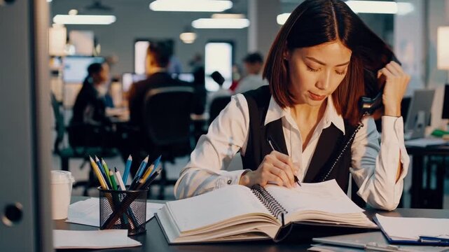 woman in open office taking notes while speaking on phone, open binder and coffee cup, blurred coworkers