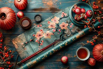 Oriental teal blossom scroll festive flat lay generative ai
