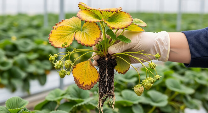 Close-up of a strawberry plant with yellowing leaves and visible roots, held by a gloved hand in a greenhouse