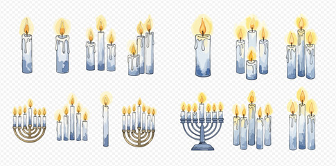 Watercolor illustration set of lit white and blue candles, including individual candles, groups, and menorahs, on a transparent background.