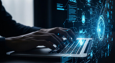Person Typing on Laptop with Futuristic Digital Interface