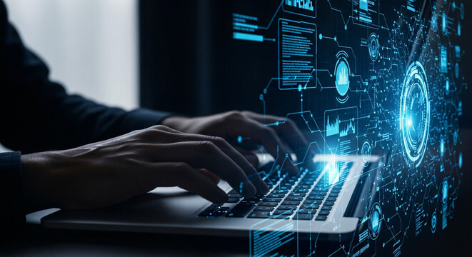 Person Typing on Laptop with Futuristic Digital Interface
