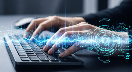 Hands Typing on Keyboard with Futuristic Digital Interface