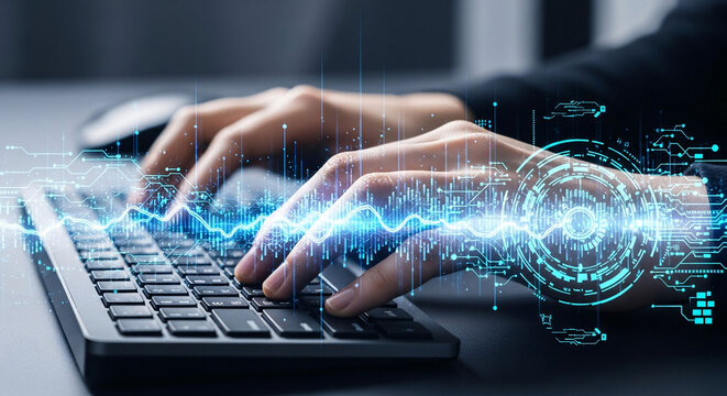 Hands Typing on Keyboard with Futuristic Digital Interface