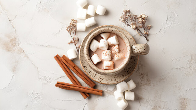 Cozy hot chocolate with marshmallows and cinnamon sticks