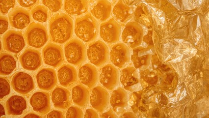 Close-up of honeycomb with honey and beeswax, with a piece of crinkled plastic wrap.