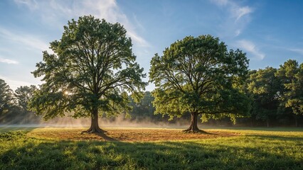 Two large trees standing side by side across a grassy field under a sunny sky with some clouds.