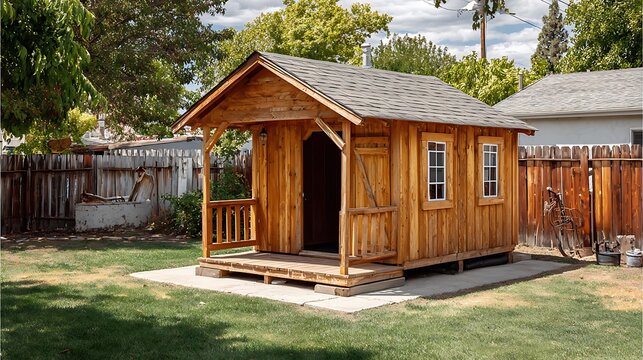 A rustic wooden shed stands in a backyard, showcasing its simple design and natural materials, blending into the surrounding landscape with its charming and functional structure