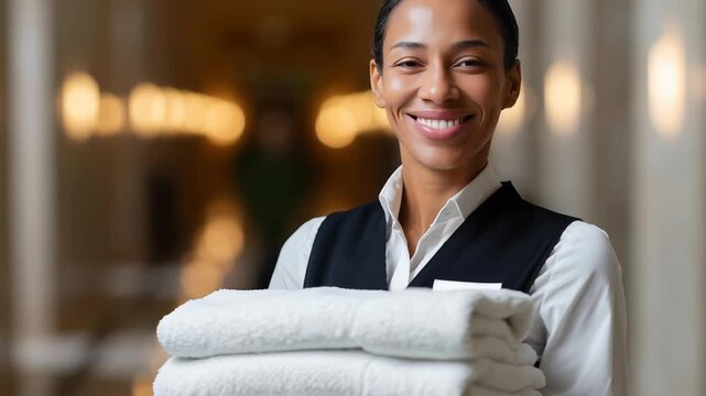 A woman is smiling and holding a stack of white towels. The towels are neatly folded and stacked in a pile. The woman is happy and content with her work