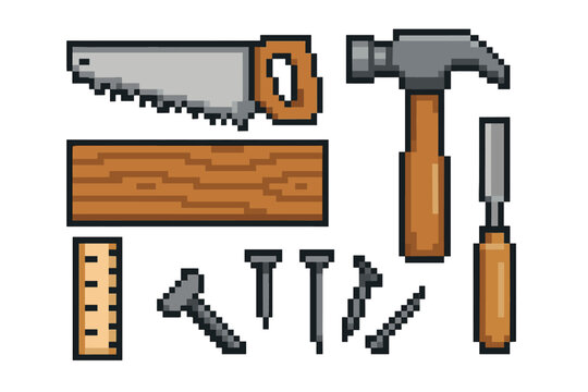 Pixel art illustration of a woodworking toolset including a saw, hammer, wooden plank, ruler, nails, and chisel.