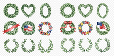 Watercolor collection of green wreaths and laurel branches in various shapes and styles, including floral, patriotic, and decorative designs.