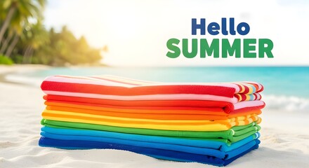 A stack of colorful towels sits on a sandy beach with the words hello summer in the background, creating a vibrant and inviting summer scene