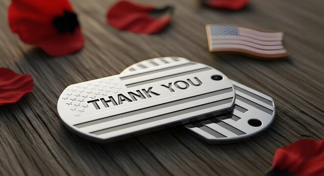 Thank you text on dog tag with american flag and poppy flower on wooden background, a remembrance day concept for honoring veterans and soldiers - Powered by Adobe