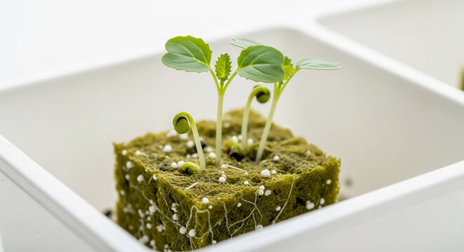 Close-up of small green seedlings sprouting from a rockwool cube in a white container, highlighting early plant growth in a controlled environment