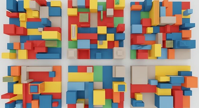 Six panels displaying colorful 3D abstract patterns made of rectangular blocks of varying heights and colors, arranged in a grid-like fashion.