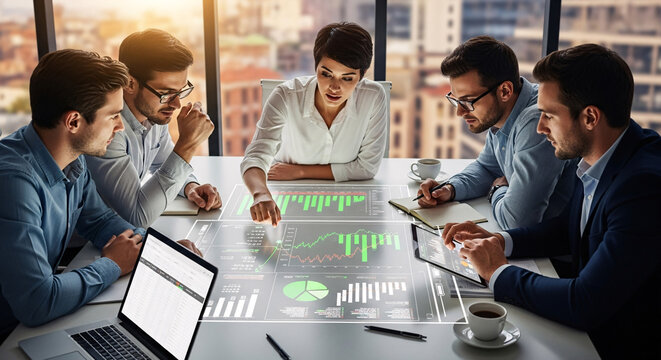 Business Team Analyzing Futuristic Holographic Data Display